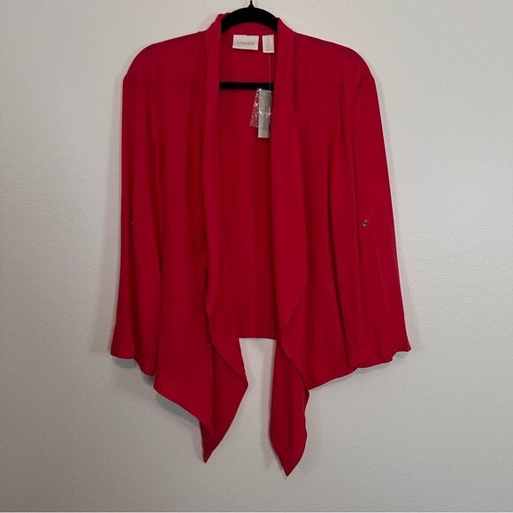 NWT Chico’s Jacket Cardigan Red Hi-Lo Size 3P (XL 16) Petite L/S W/ Roll-tab - Picture 1 of 9